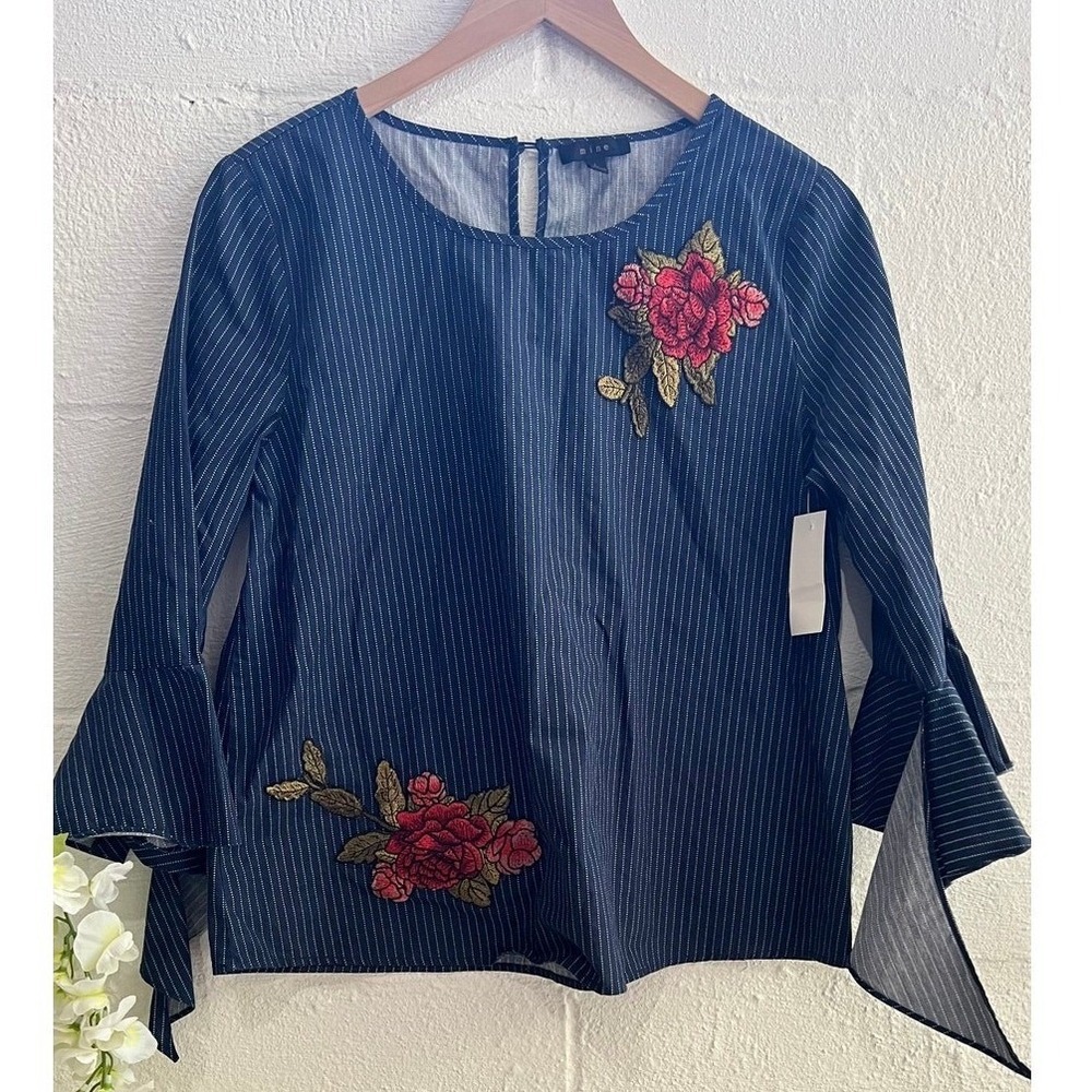 Mine Navy & White Floral Pinstripe Top with Bell Sleeves and Tie Cuff Size Large